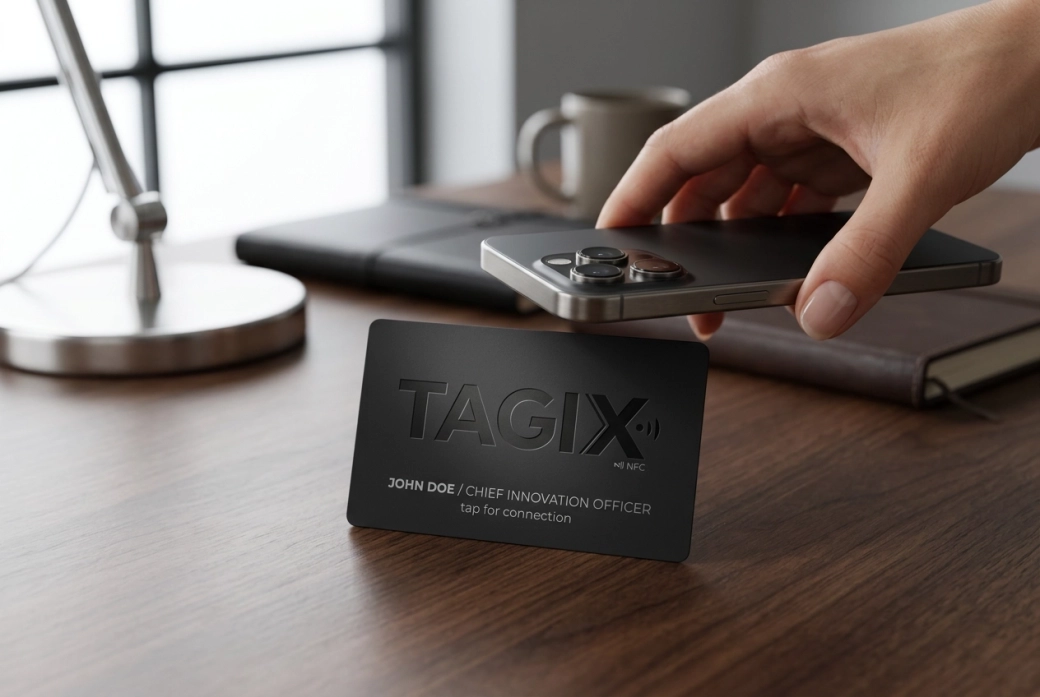 Carte NFC PVC noir mat personnalisée en situation, utilisée avec un smartphone sur un bureau professionnel moderne