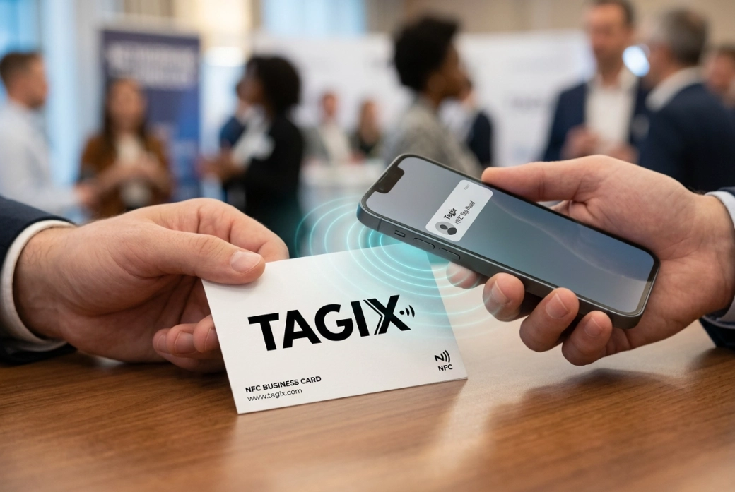 une carte de visite NFC avec le logo tagix dessus, une personne qui amène son smartphone