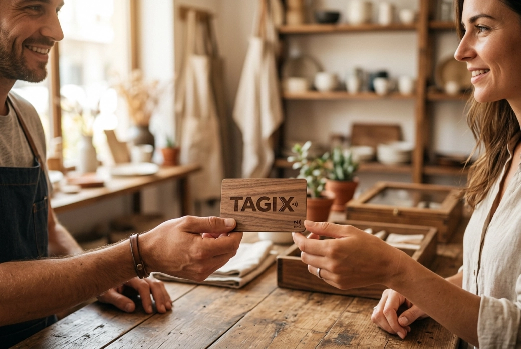 Une scène professionnelle chaleureuse où une personne tend une carte NFC imitation bois