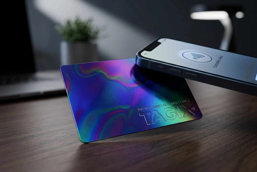 Une scène réaliste mettant en avant une carte NFC PVC dichroïque avec des reflets irises
